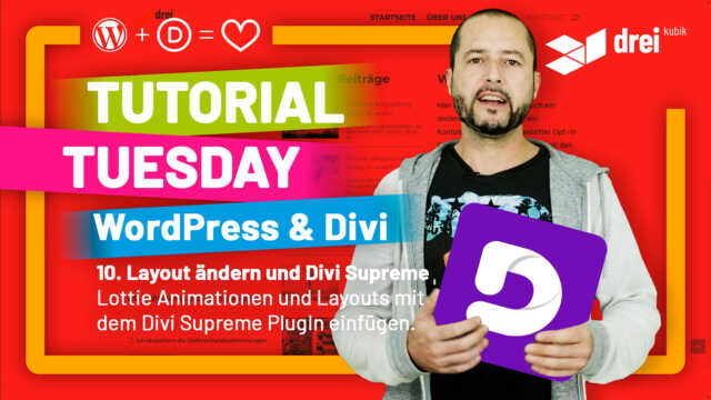 WordPress & Divi Tutorial 2022 Deutsch, 10: Layout, Lottiefiles mit dem Divi Supreme PlugIn integrieren, WP Divi Icons & PHP/CSS Code