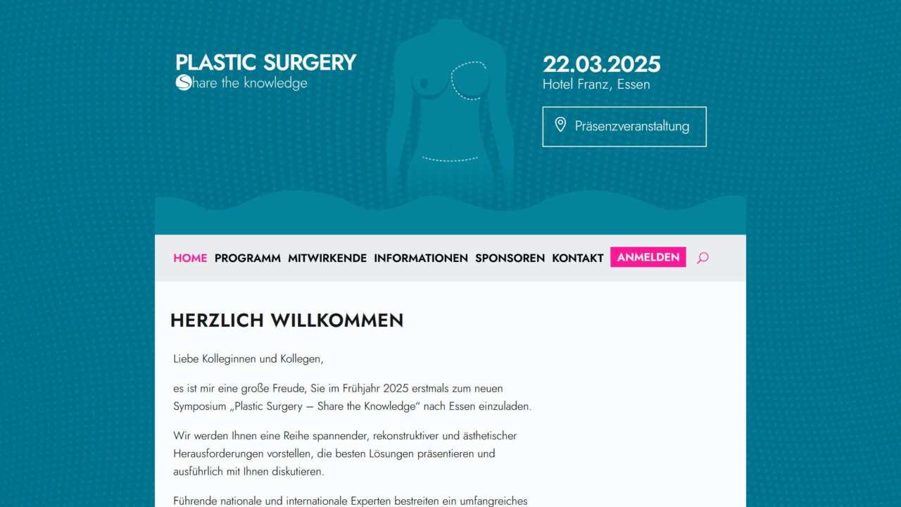 Website & Key Visual Design für die Jörg Eickeler Fortbildungsveranstaltung “Plastic Surgery Meeting” (Juni 2024)